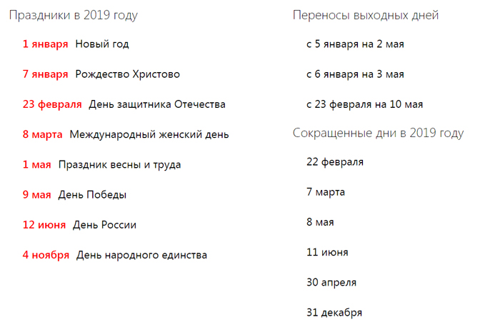 Производственный календарь 2019 с праздниками и выходными, утвержденный правительством